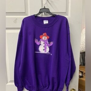 New purple sweatshirt snowman with red hat purple boa Christmas